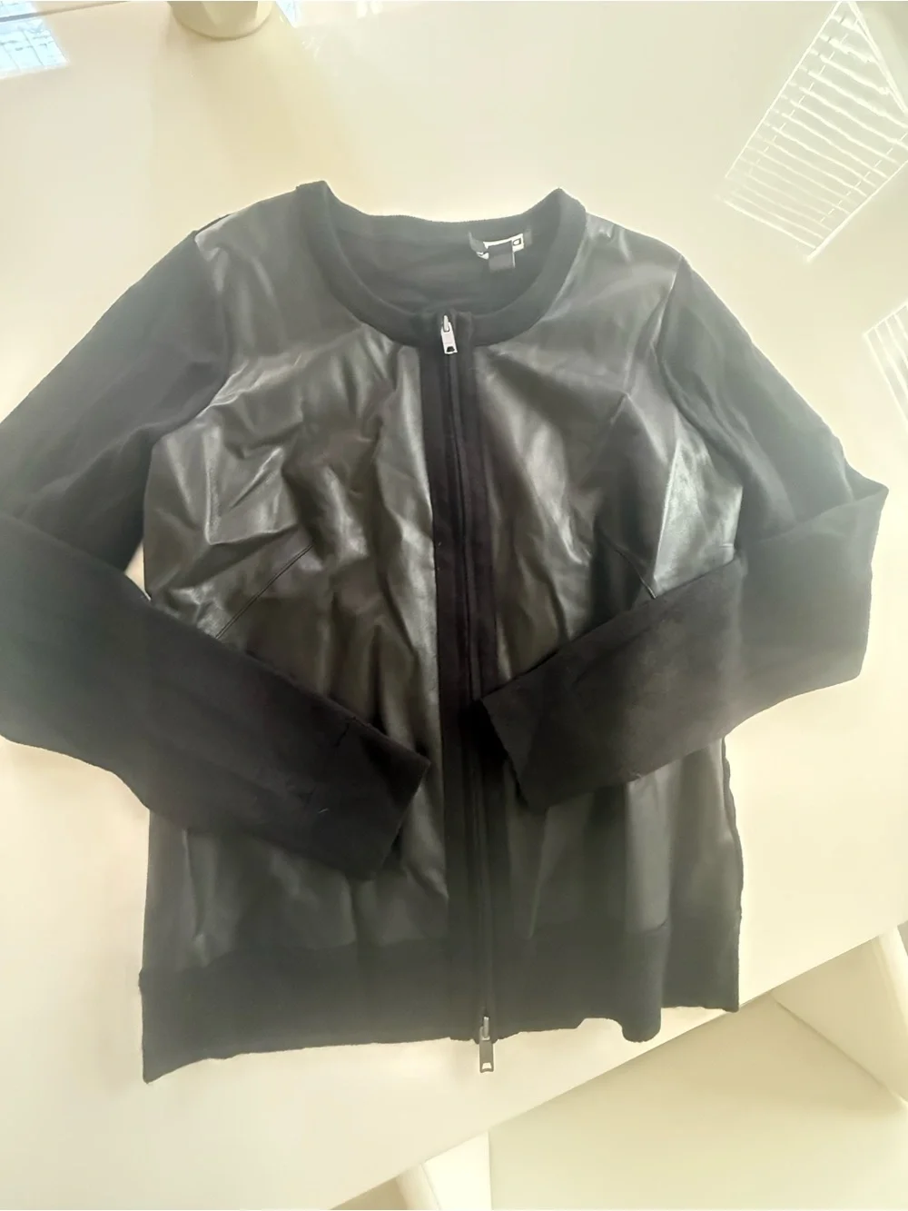 DKNY Black Faux Leather Front Zip Cardigan Jacket